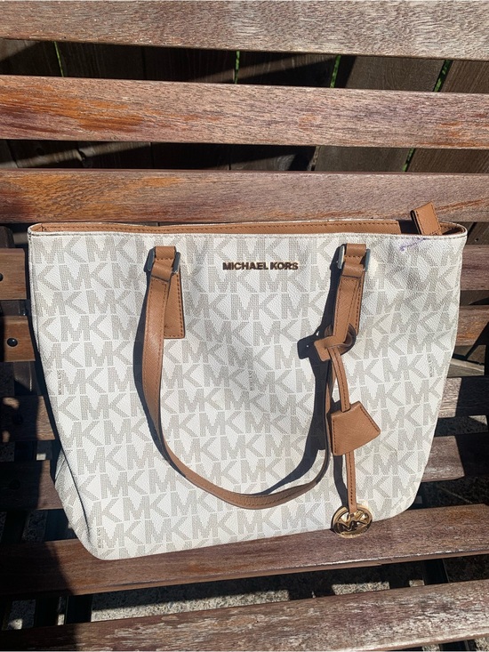 Michael Kors Handbags - Michael Kors Beige Logo Tote with Tan Leather Trim
